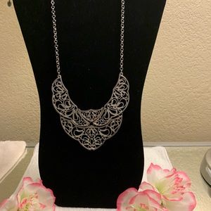 2/$25 Statement Bib Style Necklace in Silver Tone Filigree Design